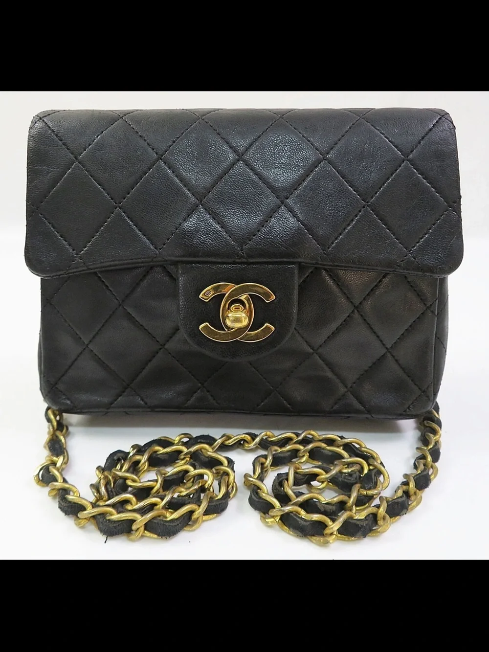 CHANEL Black Quilted Lambskin Crossbody with Gold Chain